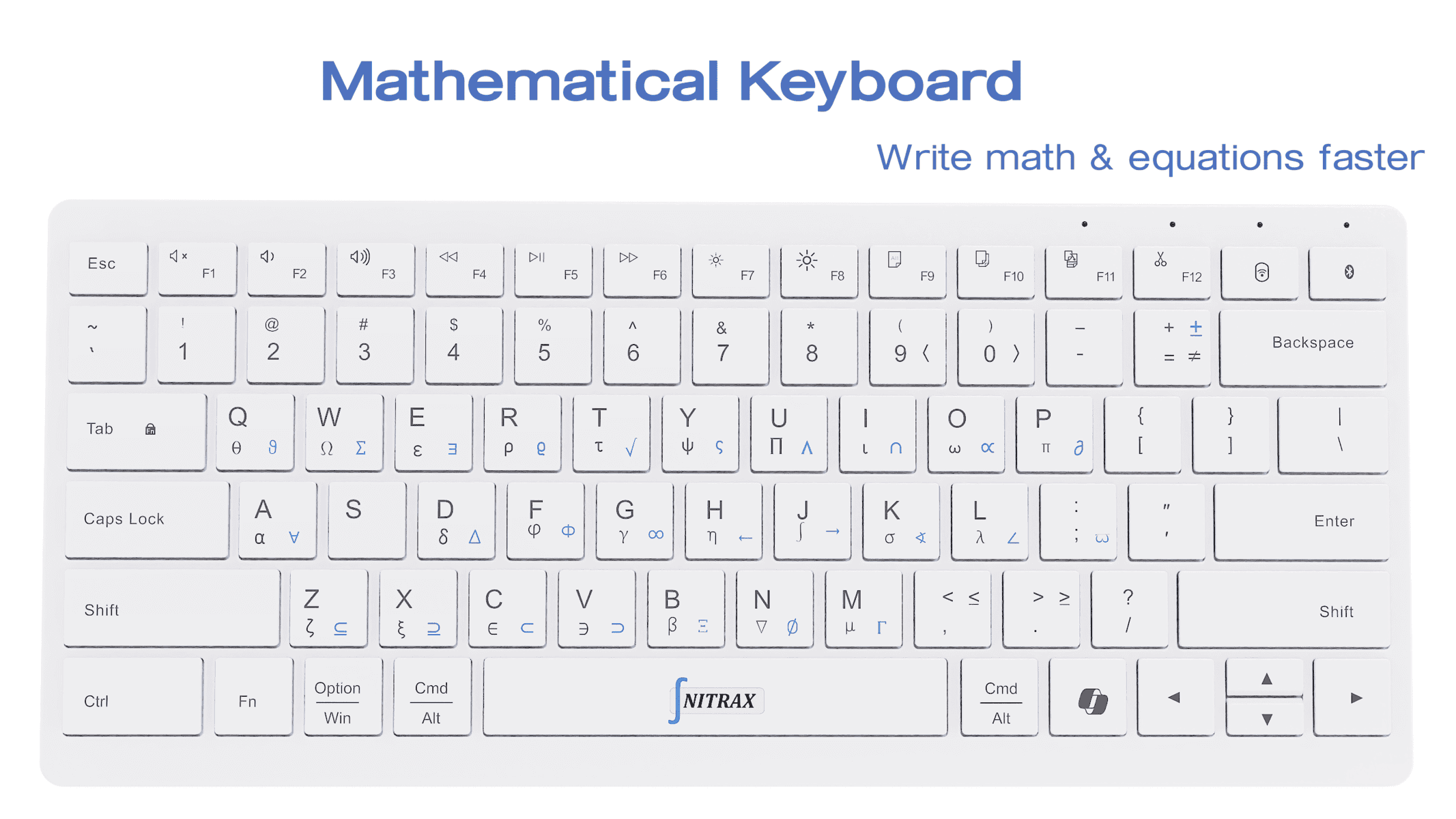 Close front view of the Nitrax Mathematical Keyboard with printed math symbols