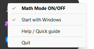 Right-click menu of the tray icon showing Math Mode, Start with Windows, Help, and Quit