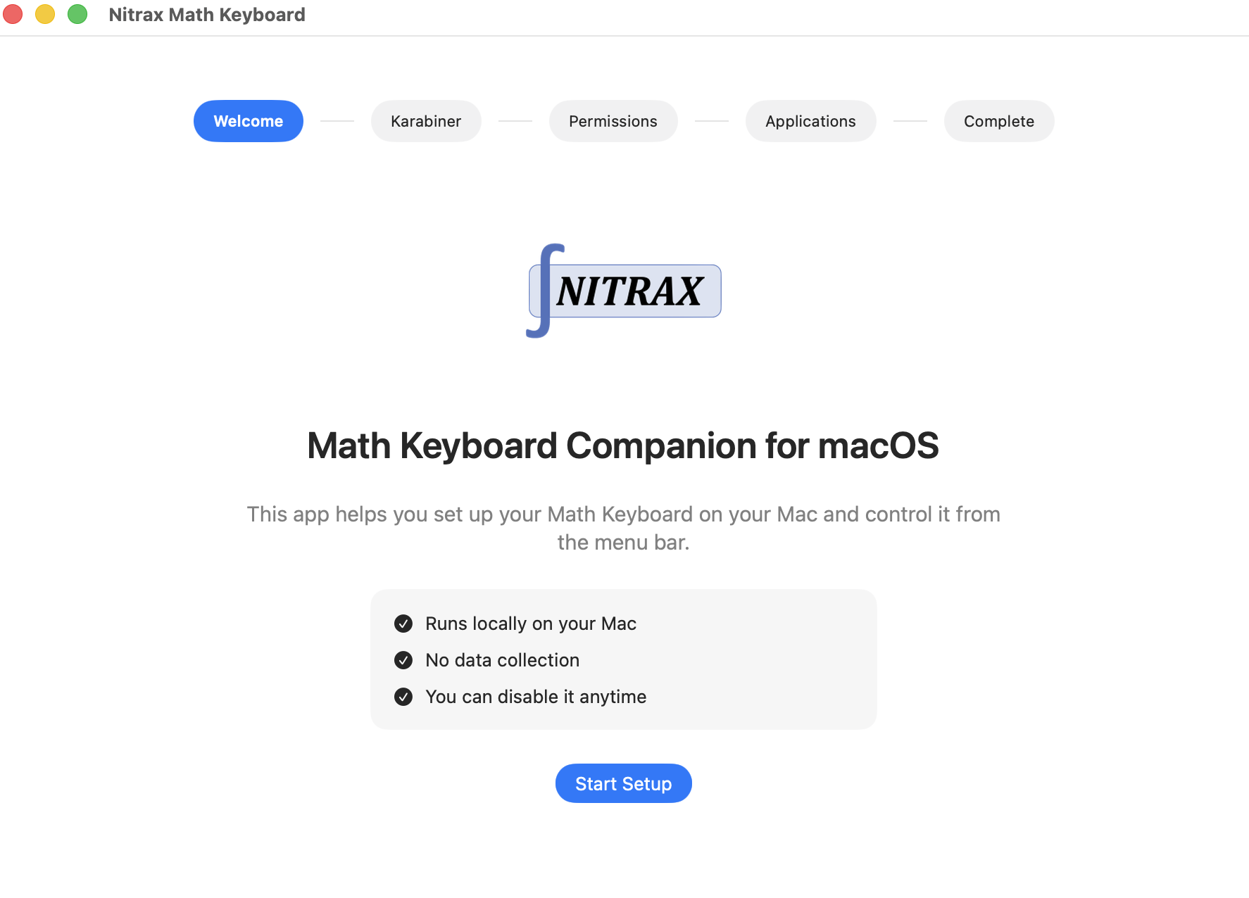 Welcome screen of the Nitrax Math Keyboard macOS setup assistant