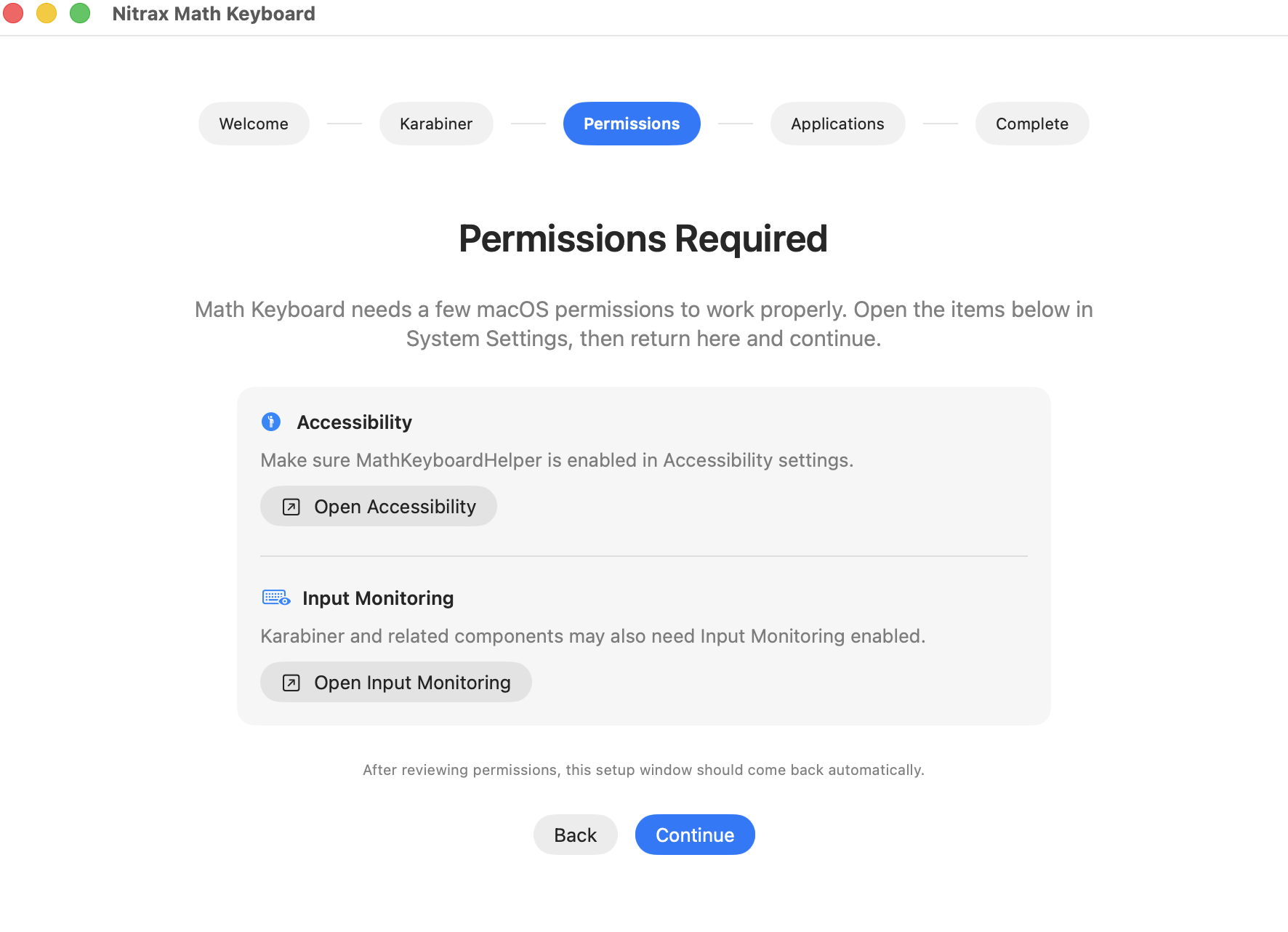 Permissions step inside the Nitrax Math Keyboard macOS setup assistant