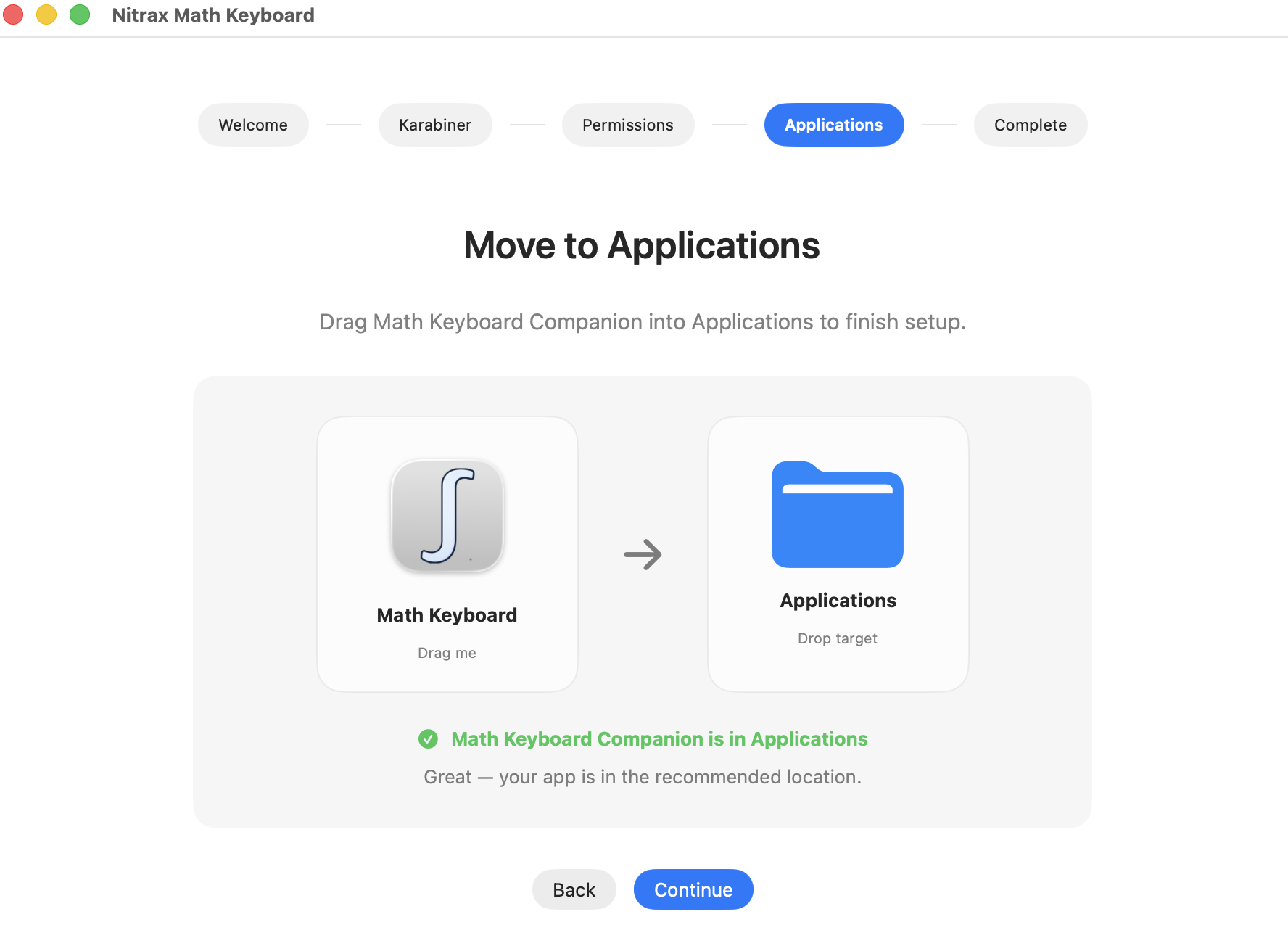 Applications folder check in the Nitrax Math Keyboard macOS setup assistant