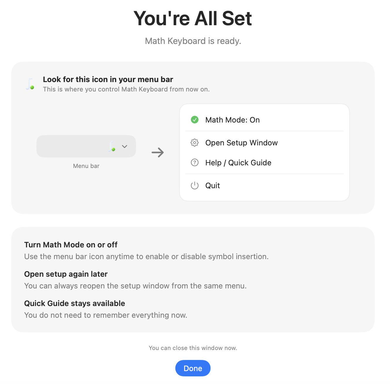 Final setup page of the Nitrax Math Keyboard macOS assistant