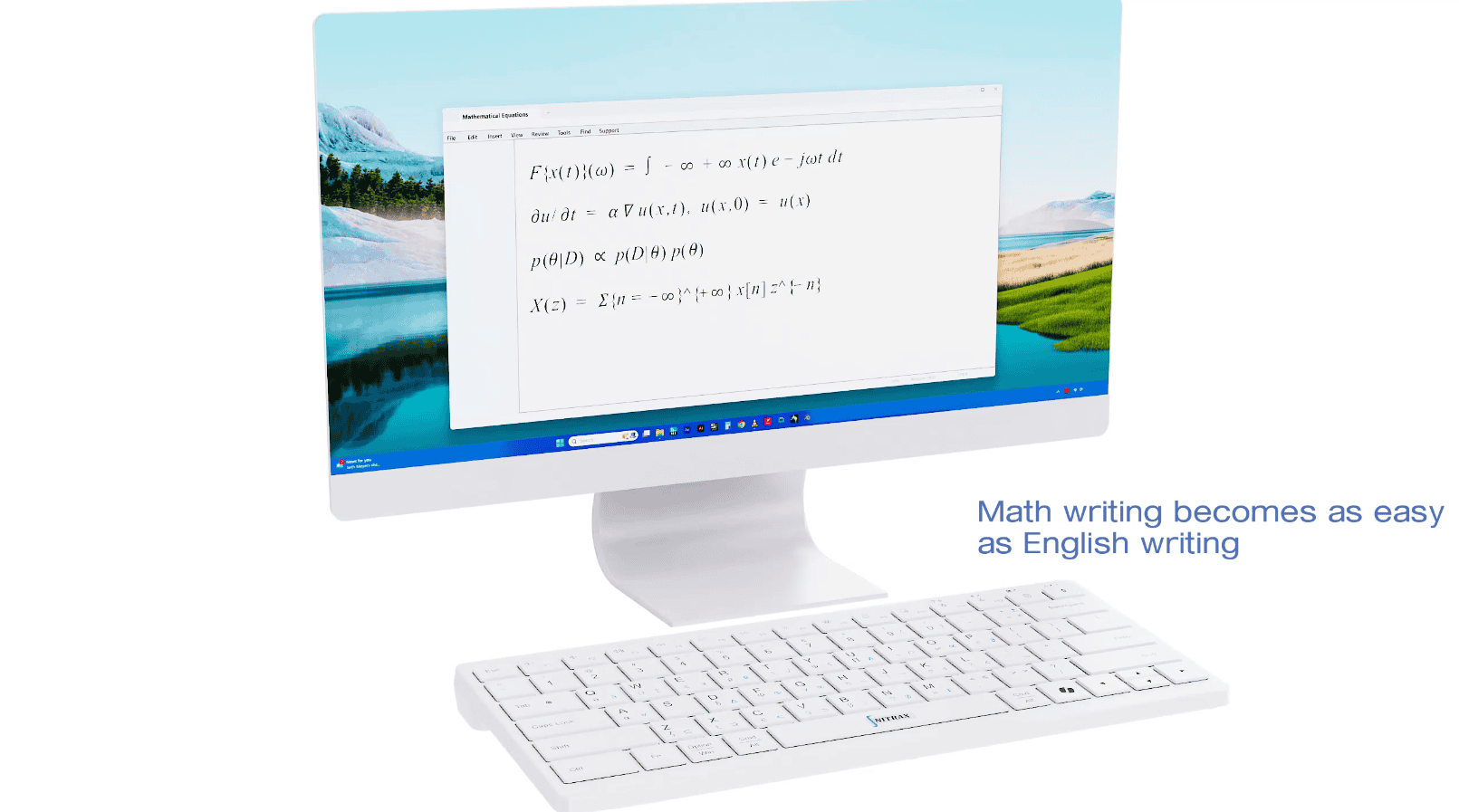Nitrax Mathematical Keyboard with monitor showing equations and math writing made easy