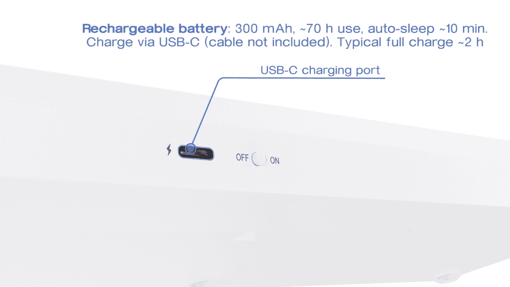 Nitrax Mathematical Keyboard USB-C charging port and rechargeable battery view