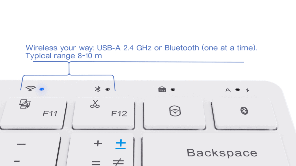 Nitrax Mathematical Keyboard wireless connectivity buttons for USB receiver and Bluetooth