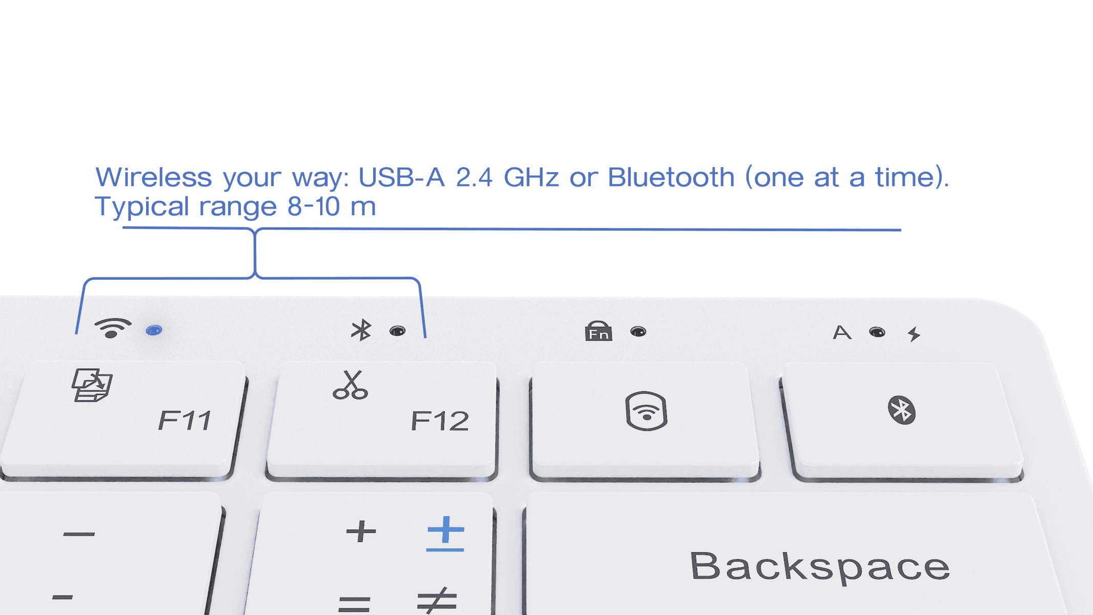 Nitrax Mathematical Keyboard wireless connectivity buttons for USB receiver and Bluetooth