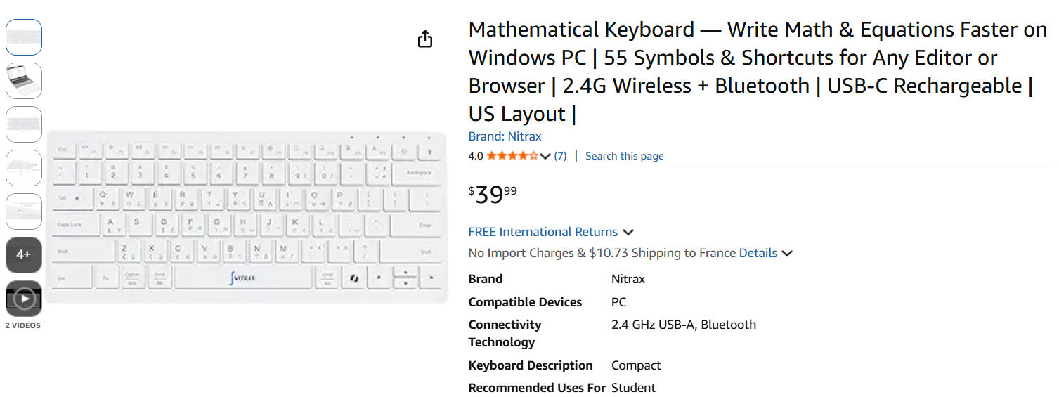 Amazon product page for the Nitrax Mathematical Keyboard