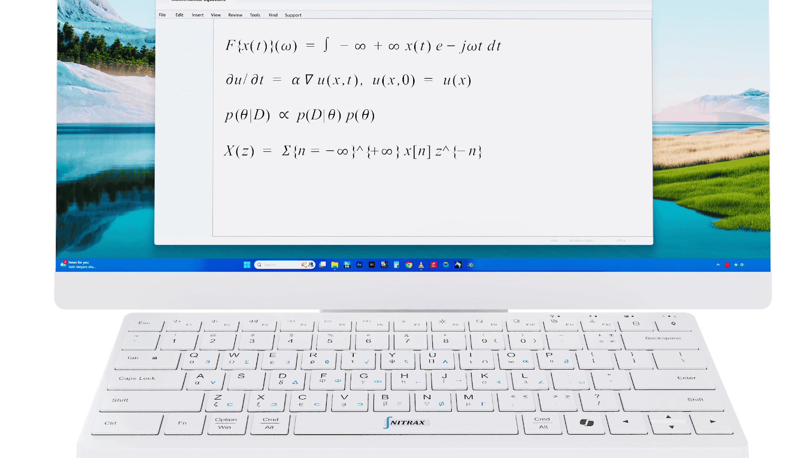 Nitrax Mathematical Keyboard in front of a computer displaying typed mathematical equations
