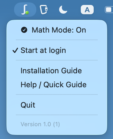 Nitrax Math Keyboard menu bar app on macOS showing Math Mode, Start at login, Help / Quick Guide, and Quit