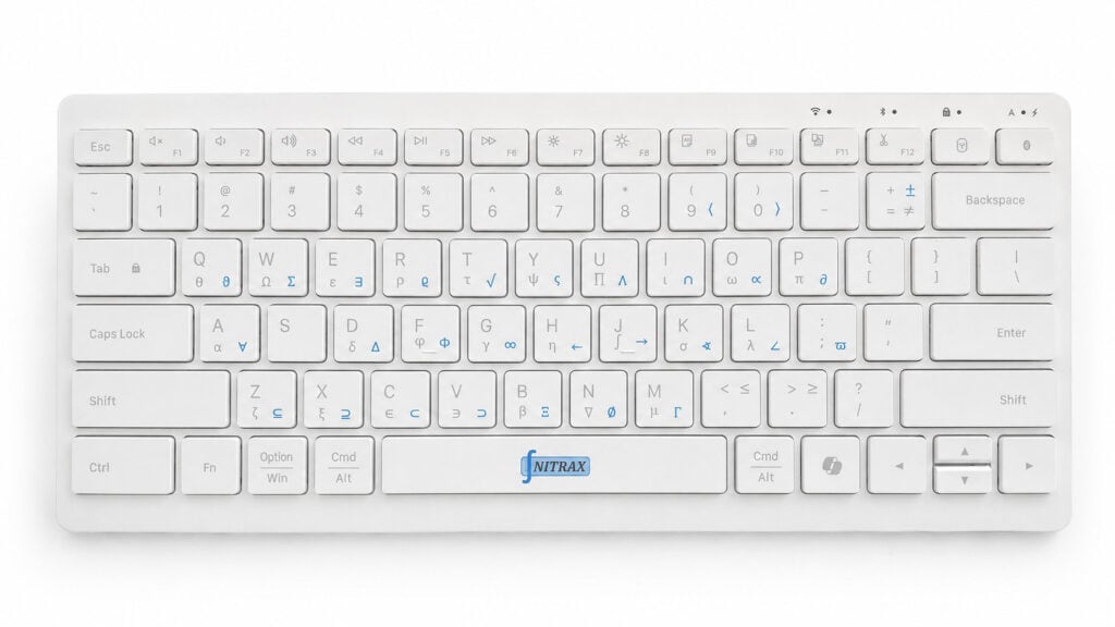 Front view of the physical Nitrax Mathematical Keyboard showing printed mathematical, Greek, and scientific symbols