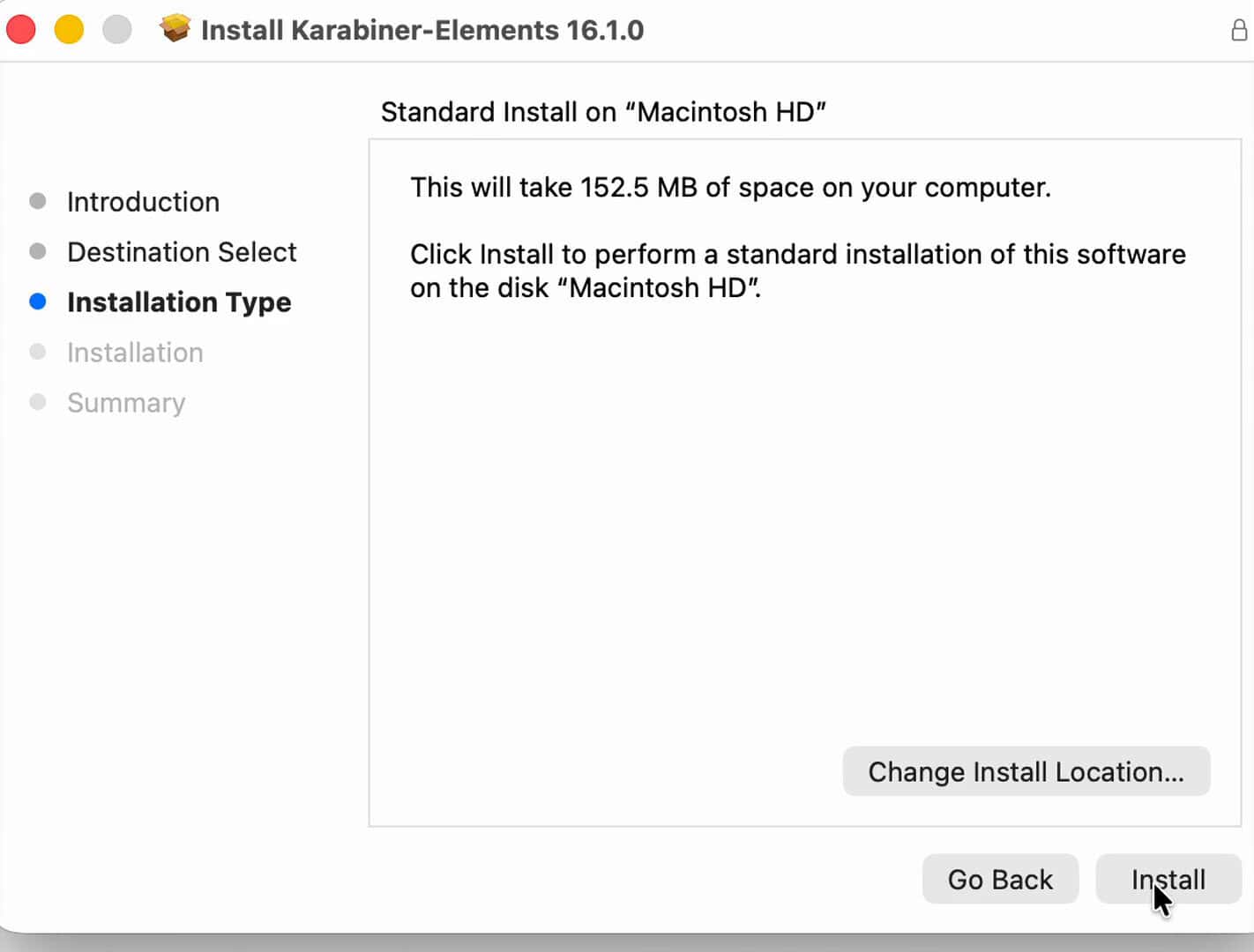Apple Installer ready to install Karabiner-Elements
