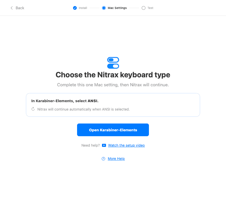 Nitrax setup directing the user to choose ANSI in Karabiner-Elements