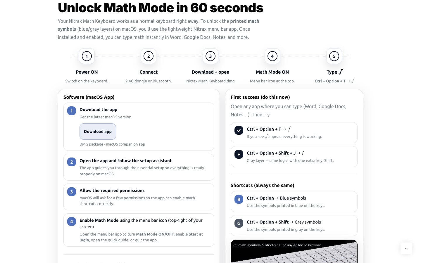 Official macOS Quick Start page with the Download app button and first symbol tests