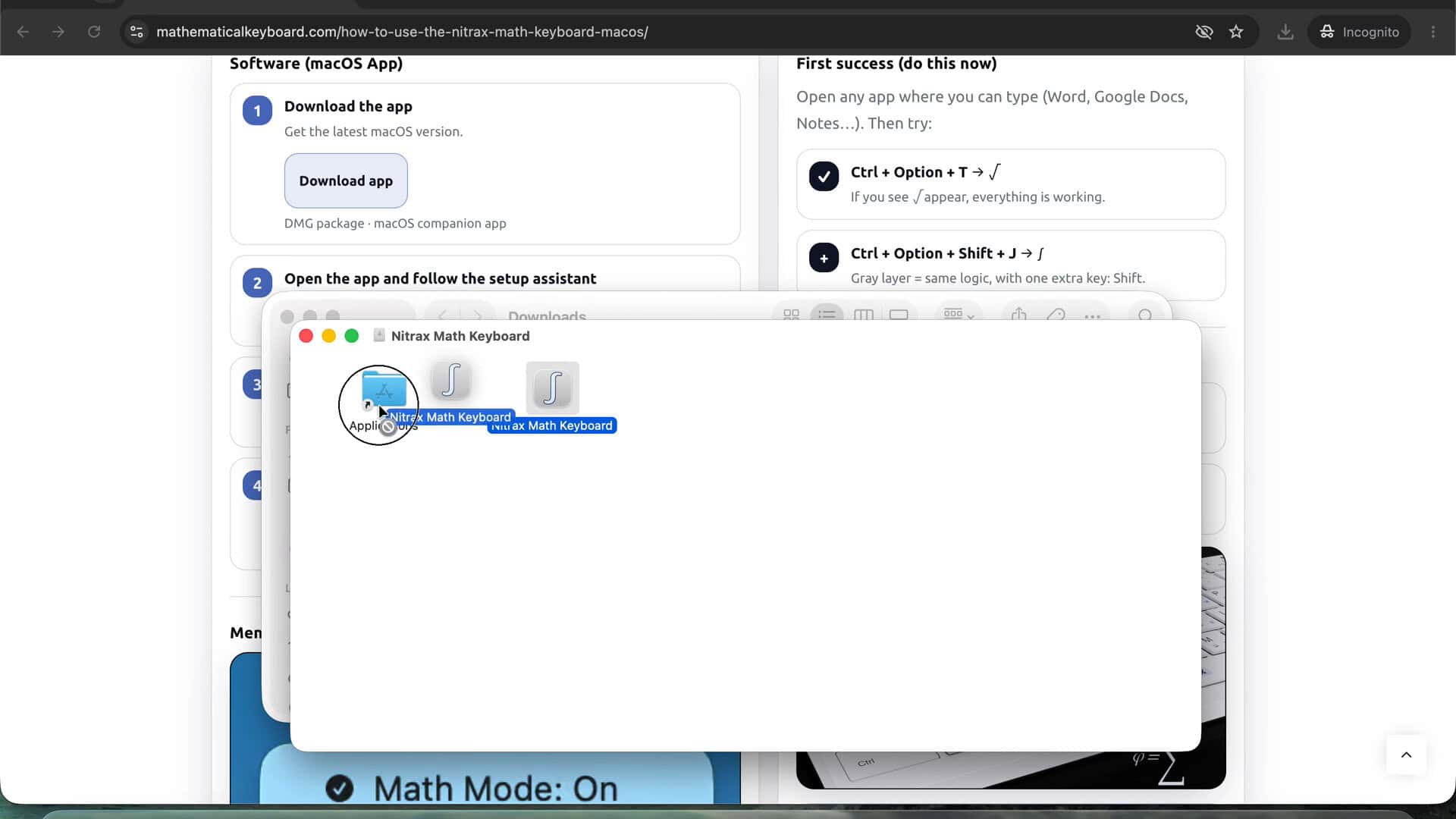 Finder disk-image window while Nitrax Math Keyboard is dragged onto Applications