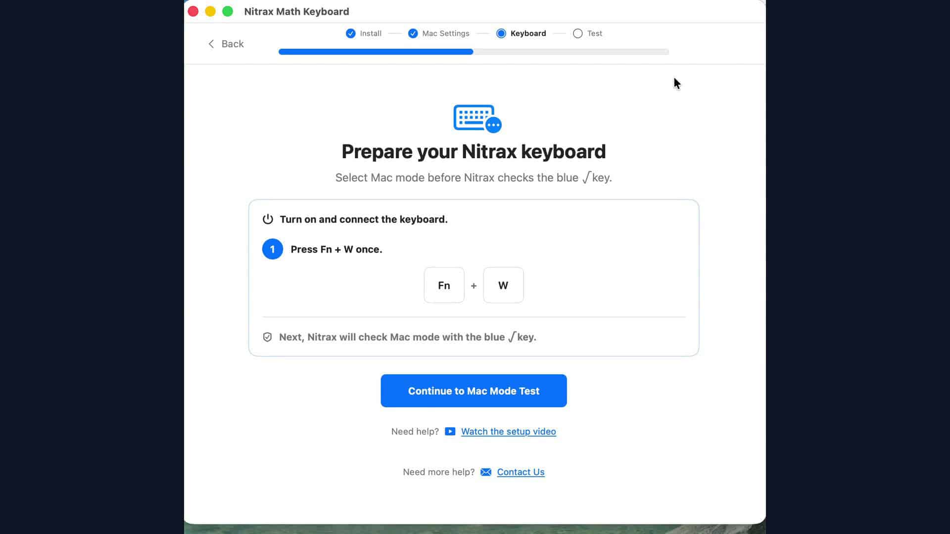 Nitrax setup instructing the user to press Fn and W once for Mac mode