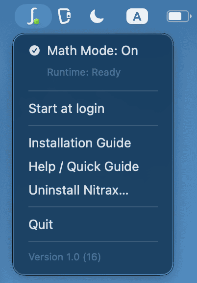 Nitrax menu bar with Math Mode, Runtime, setup, help, uninstall, quit, and version controls