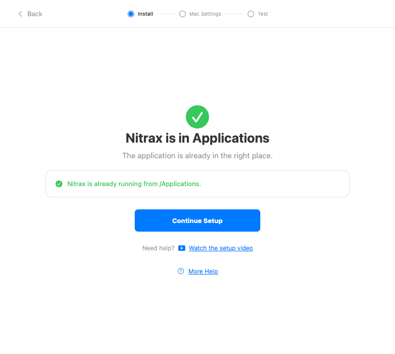 Nitrax setup confirming that the app is running from Applications