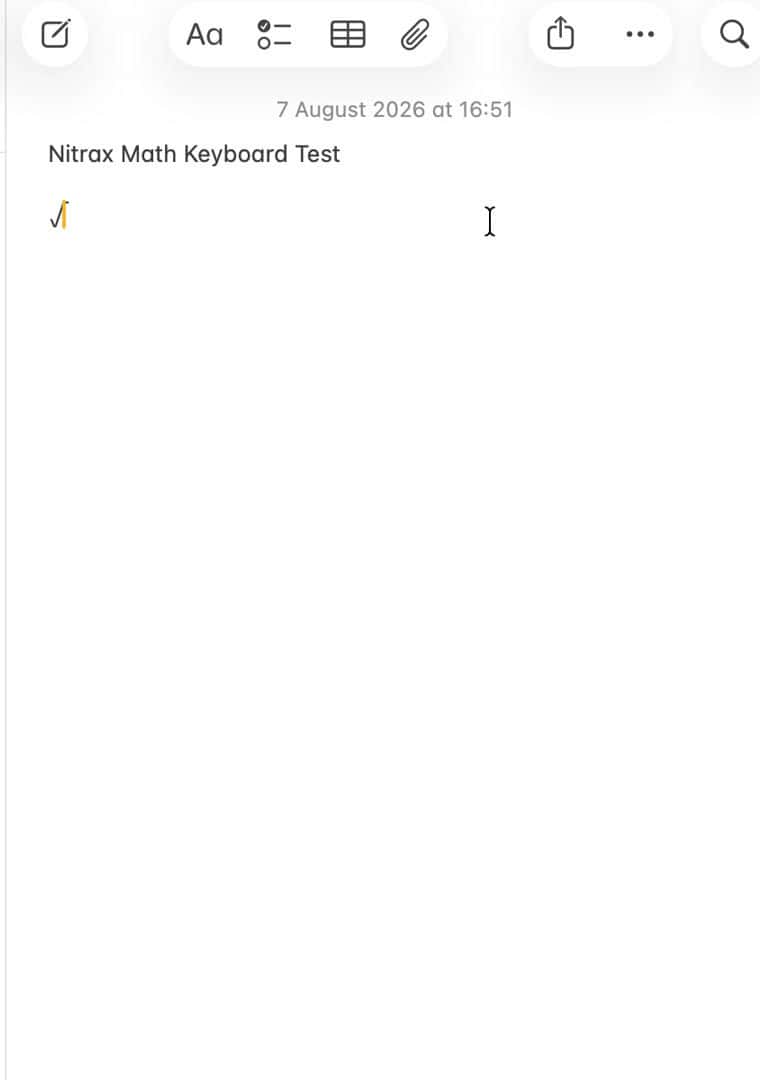 Apple Notes test containing a square-root character typed with the Nitrax keyboard