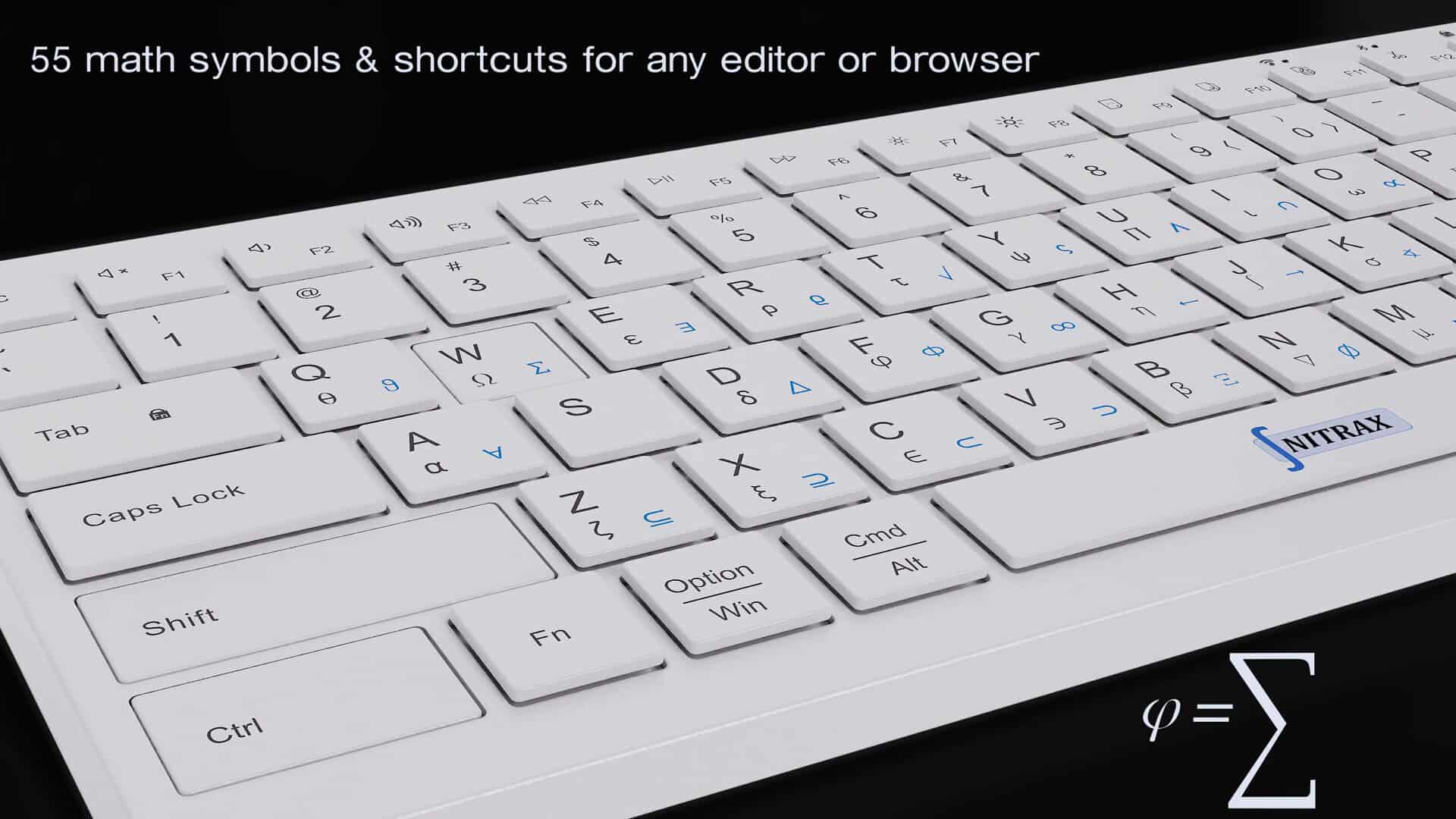 Close view of the Nitrax keyboard showing its printed blue and gray mathematical symbol layers