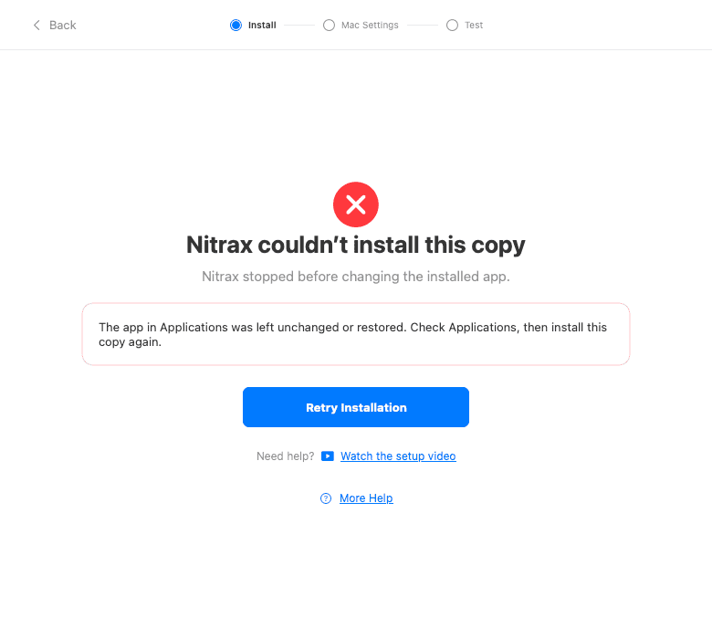 Nitrax recovery screen after an application copy could not be installed