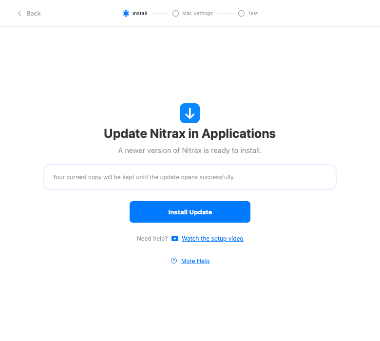 Nitrax update screen explaining that the current copy is kept until the update opens