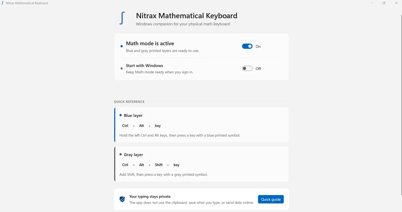 Nitrax Mathematical Keyboard Windows app with Math Mode active and printed layer reference