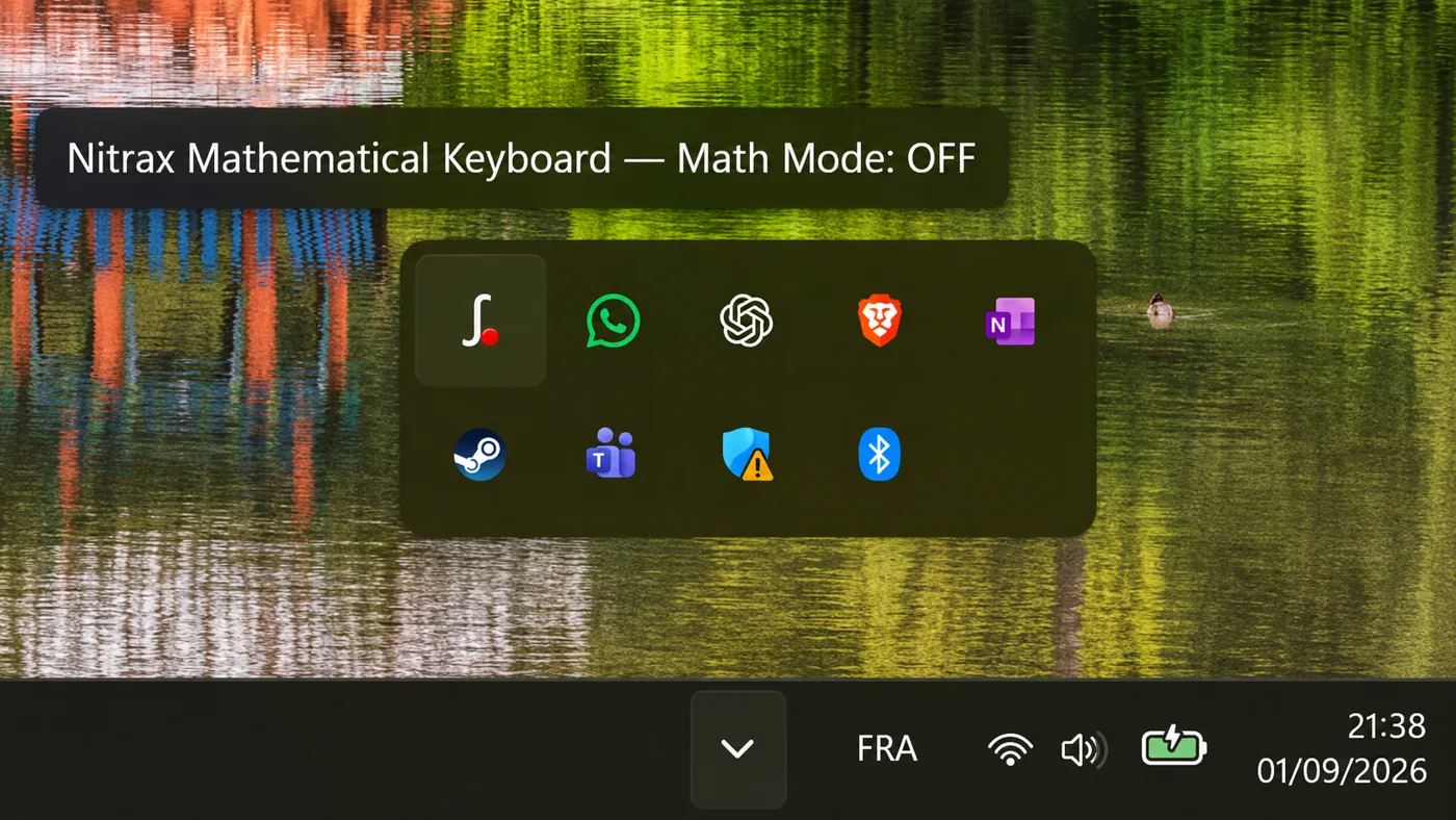 Nitrax Mathematical Keyboard notification area icon with a red dot showing Math Mode OFF
