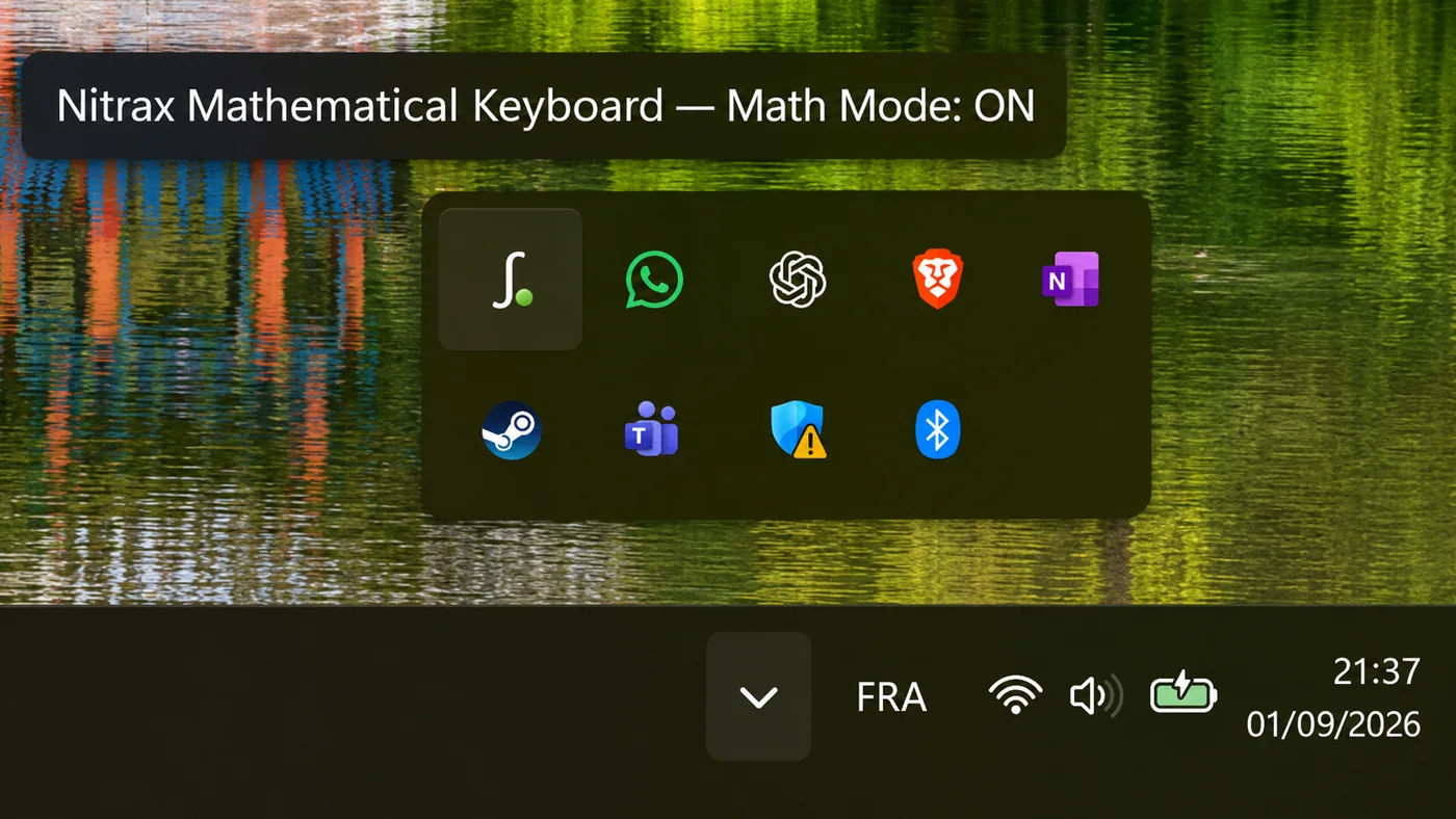 Nitrax Mathematical Keyboard notification area icon with a green dot showing Math Mode ON