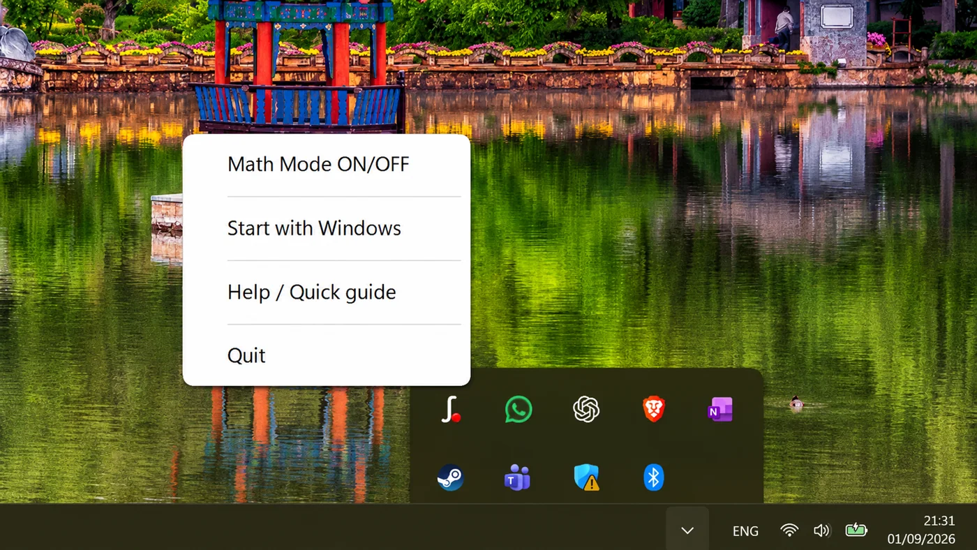 Nitrax Mathematical Keyboard notification area menu with Math Mode, Start with Windows, Help, and Quit